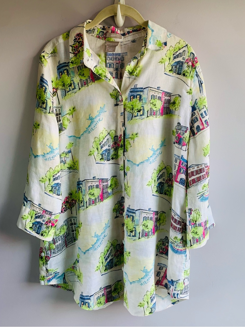 Chicos Shirt 100% Linen Charleston Southern Charm Vacation Collared EUC Medium